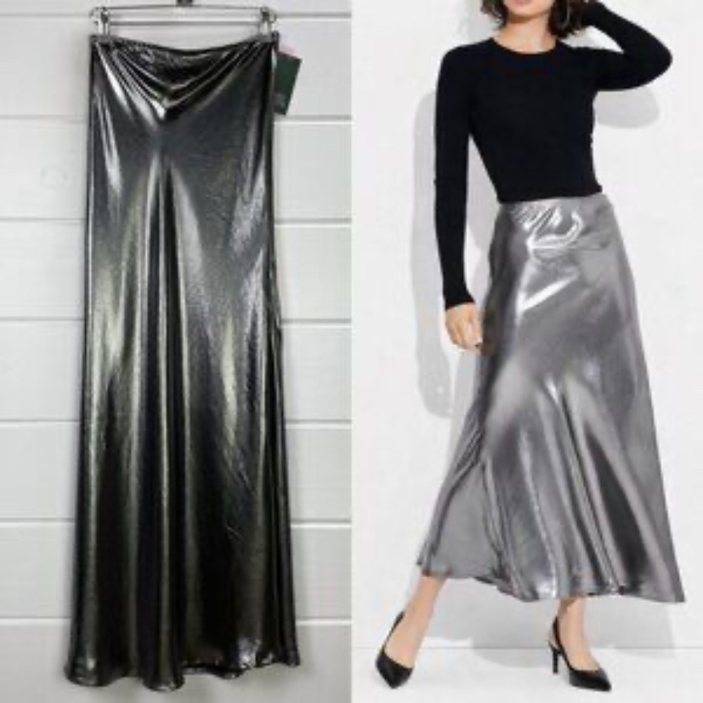 NWT Wild Fable Metallic Trumpet Maxi Skirt Silver